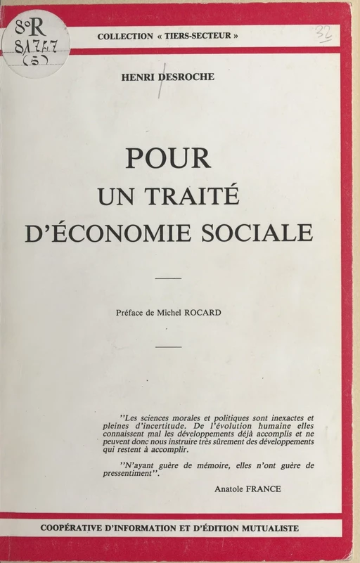 Pour un traité d'économie sociale - Henri Desroche - FeniXX réédition numérique