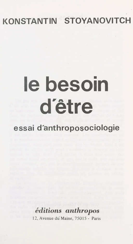 Le besoin d'être : essai d'anthropo-sociologie - Konstantin Stoyanovitch - FeniXX réédition numérique