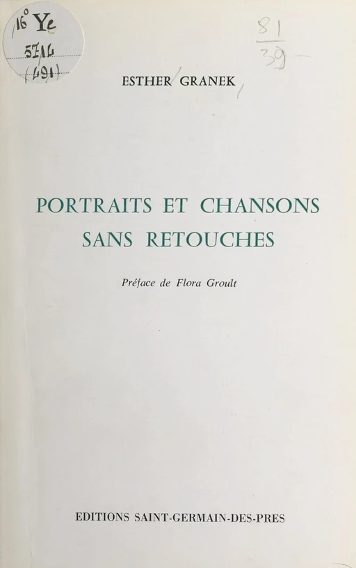 Portraits et chansons sans retouches - Esther Granek - FeniXX réédition numérique