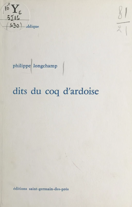 Dits du coq d'ardoise - Philippe Longchamp - FeniXX réédition numérique