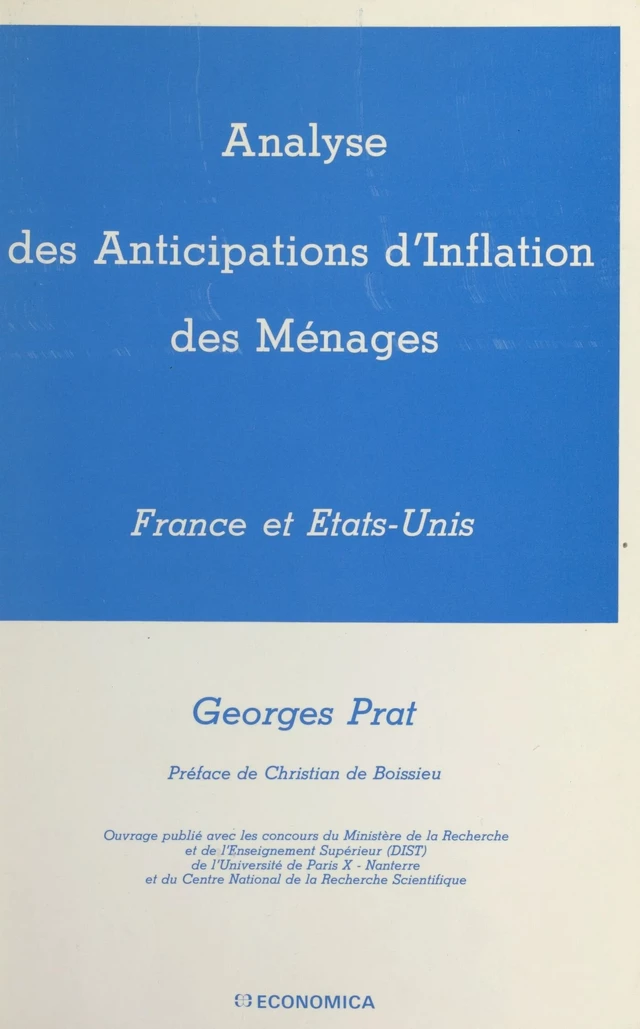 Analyse des anticipations d'inflation des ménages : France et États-Unis - Georges Prat - FeniXX réédition numérique