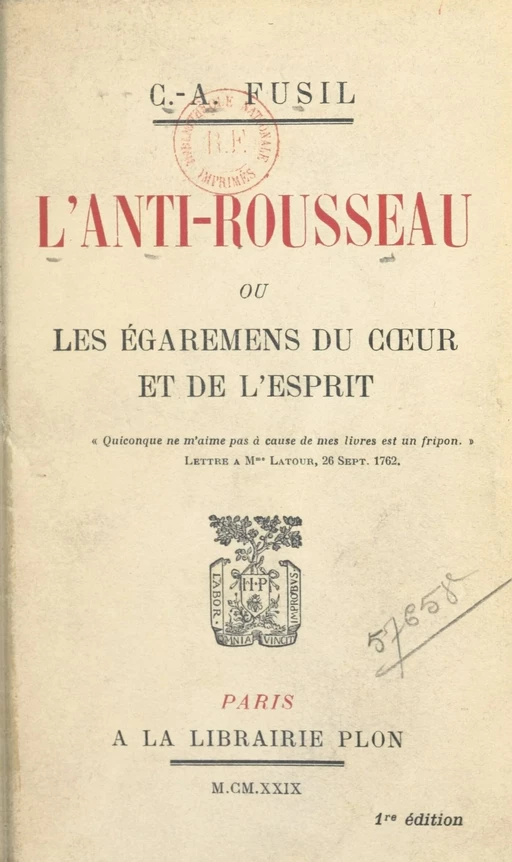 L'anti-Rousseau - Casimir-Alexandre Fusil - FeniXX réédition numérique