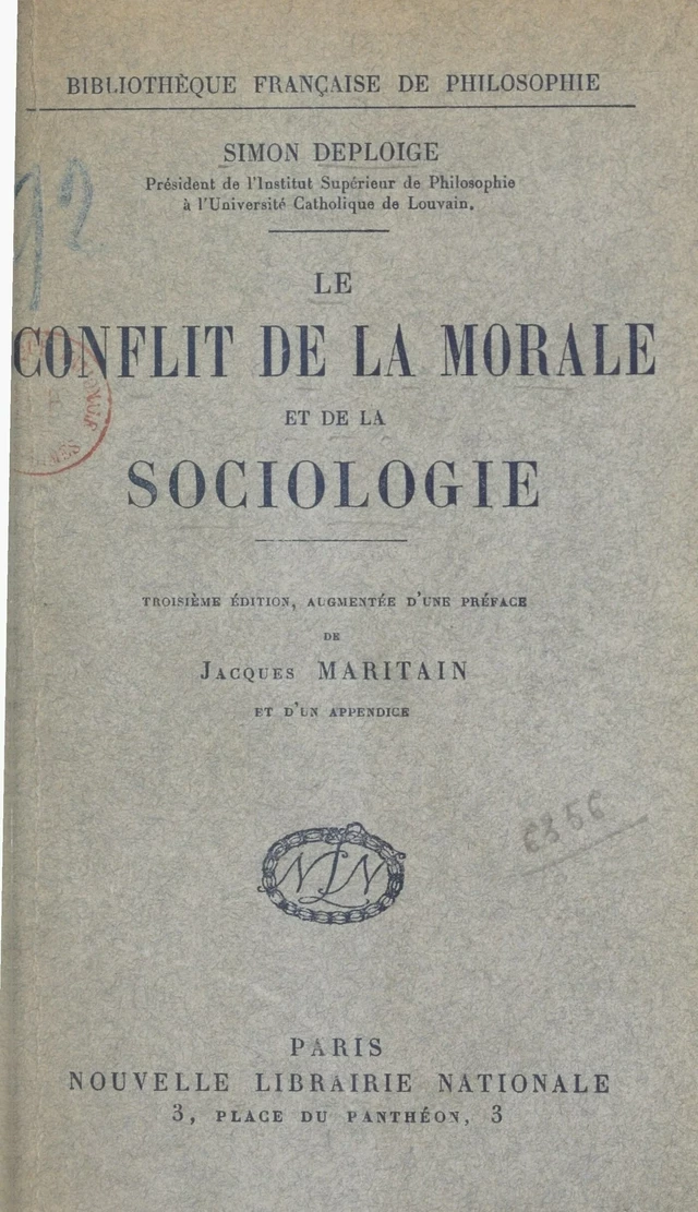 Le conflit de la morale et de la sociologie - Simon Deploige - FeniXX réédition numérique