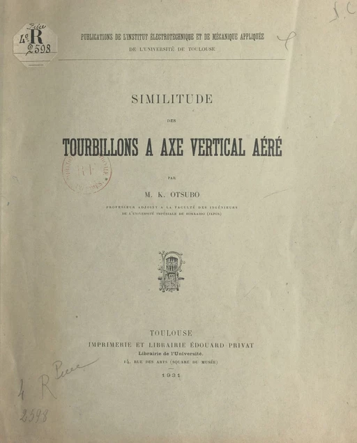 Similitude des tourbillons à axe vertical aéré - K. Otsubo - FeniXX réédition numérique