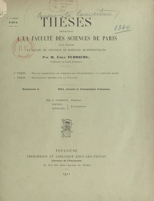 Thèses présentées à la Faculté des Sciences de Paris pour obtenir le grade de docteur ès Sciences mathématiques - Émile Turrière - FeniXX réédition numérique