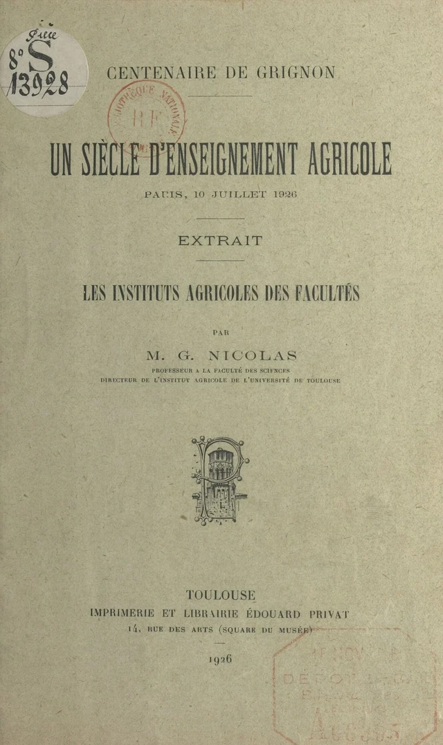 Les Instituts agricoles des Facultés - M. G. Nicolas - FeniXX réédition numérique