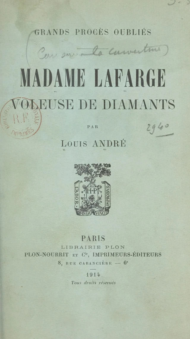 Madame Lafarge - Louis André - FeniXX réédition numérique