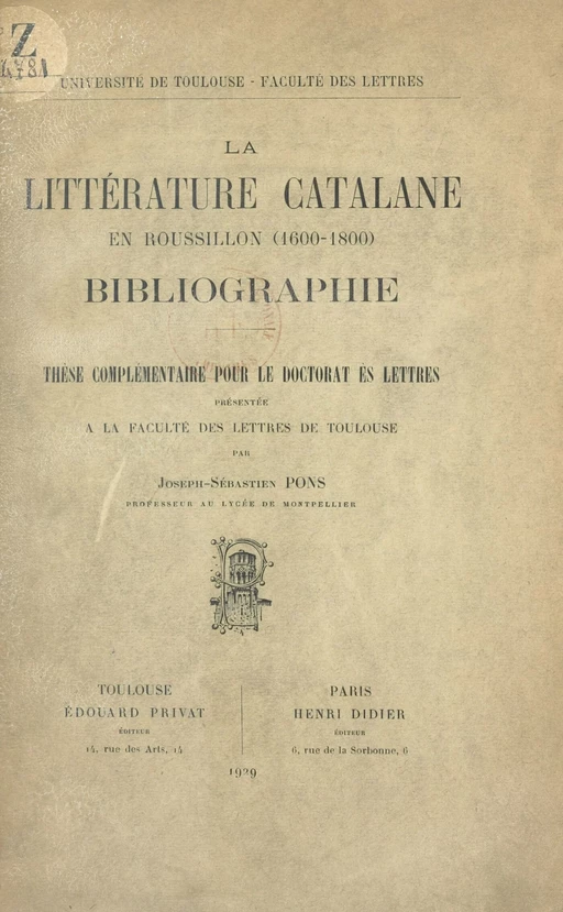 La littérature catalane en Roussillon (1600-1800) - Joseph-Sébastien Pons - FeniXX réédition numérique