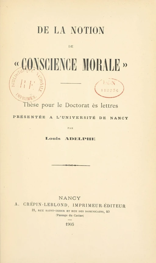 De la notion de conscience morale - Louis Adelphe - FeniXX réédition numérique