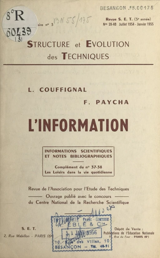 L'information - Louis Couffignal, François Paycha - FeniXX réédition numérique