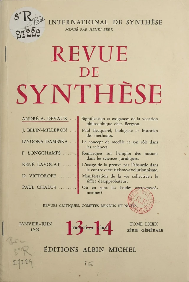 Signification et exigences de la vocation philosophique chez Bergson - André-A. Devaux - FeniXX réédition numérique