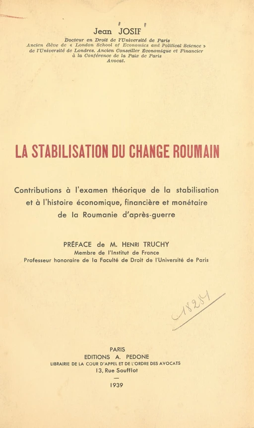 La stabilisation du change roumain - Jean Josif - FeniXX réédition numérique