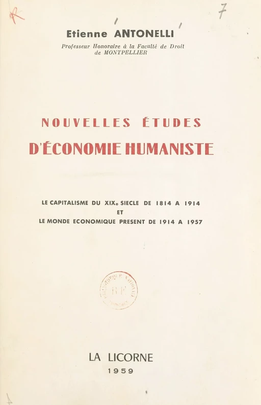 Études d'économie humaniste - Étienne Antonelli - FeniXX réédition numérique