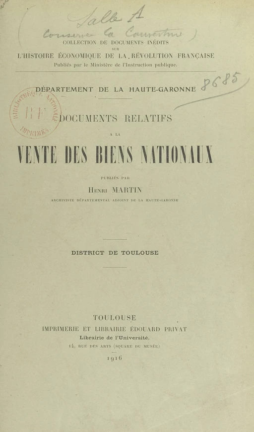 Documents relatifs à la vente des biens nationaux - Henri Martin - FeniXX réédition numérique