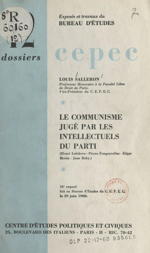 Le communisme jugé par les intellectuels du Parti - Jean Baby, Pierre Fougeyrollas, Henri Lefebvre - FeniXX réédition numérique