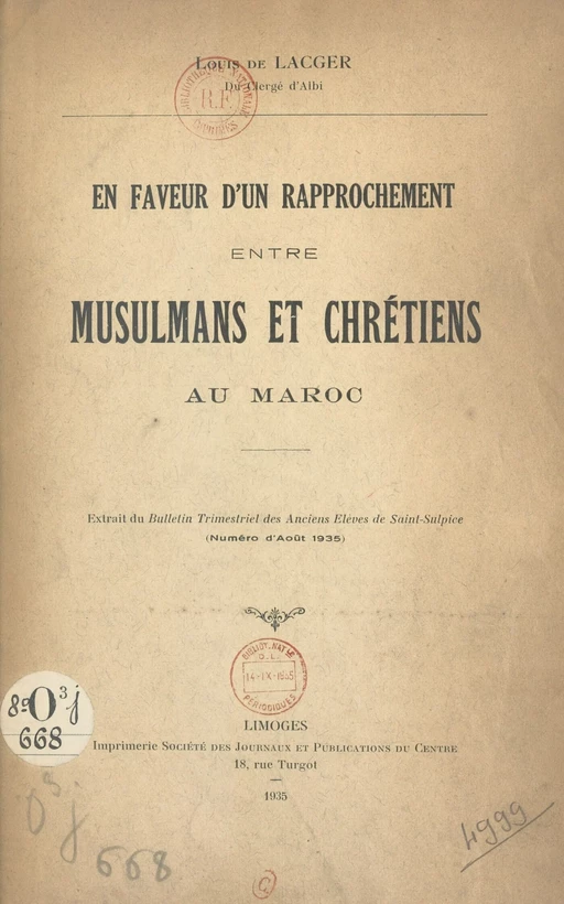 En faveur d'un rapprochement entre musulmans et chrétiens au Maroc - Louis de Lacger - FeniXX réédition numérique