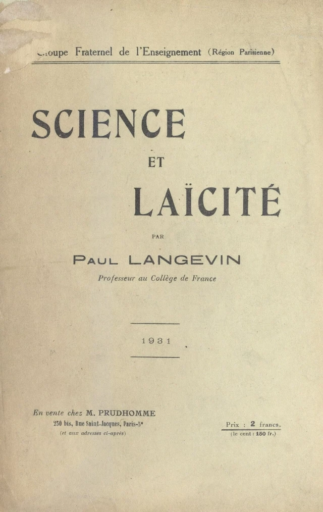 Science et laïcité - Paul Langevin - FeniXX réédition numérique