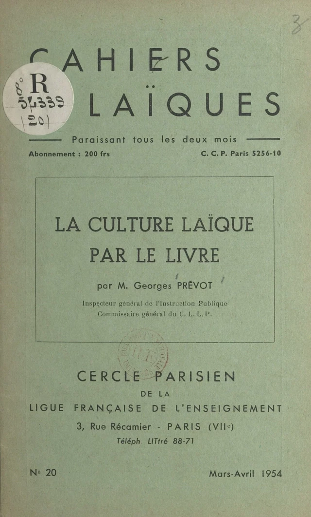 La culture laïque par le livre - Georges Prévot - FeniXX réédition numérique