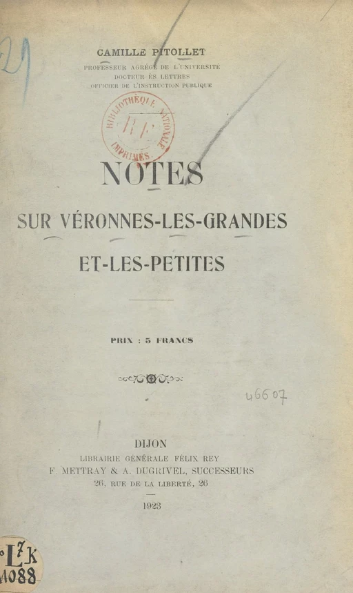 Notes sur Véronnes-les-Grandes et les-Petites - Camille Pitollet - FeniXX réédition numérique