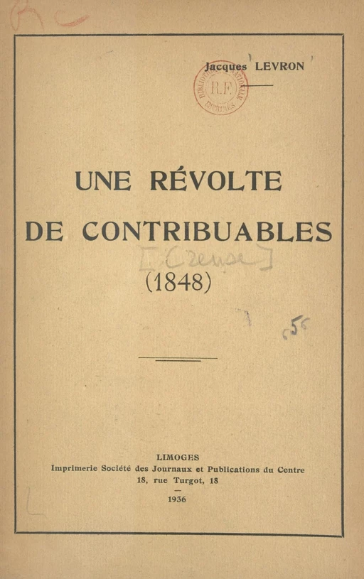 Une révolte de contribuables : 1848 - Jacques Levron - FeniXX réédition numérique