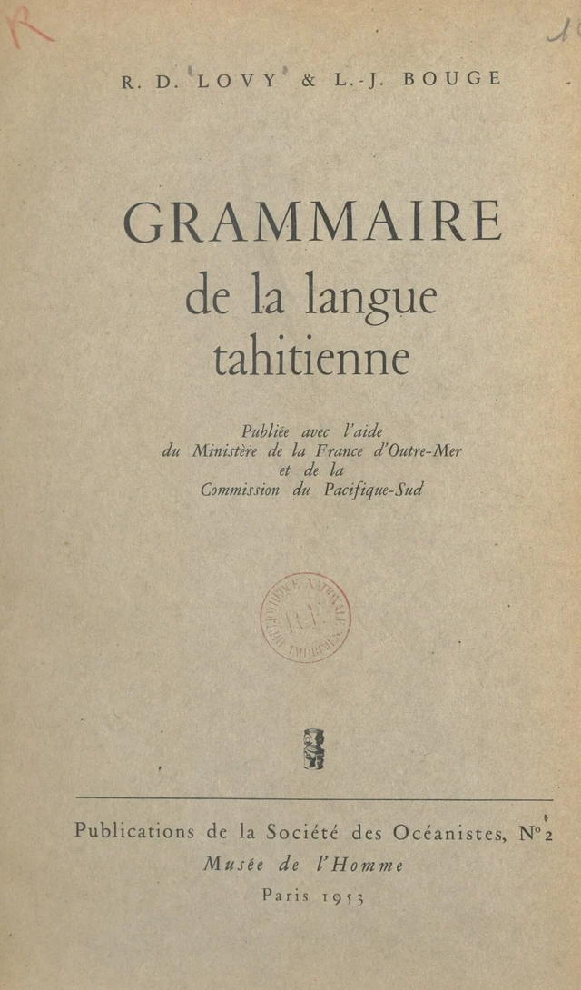 Grammaire de la langue tahitienne - Louis-Joseph Bouge, René D. Lovy - FeniXX réédition numérique