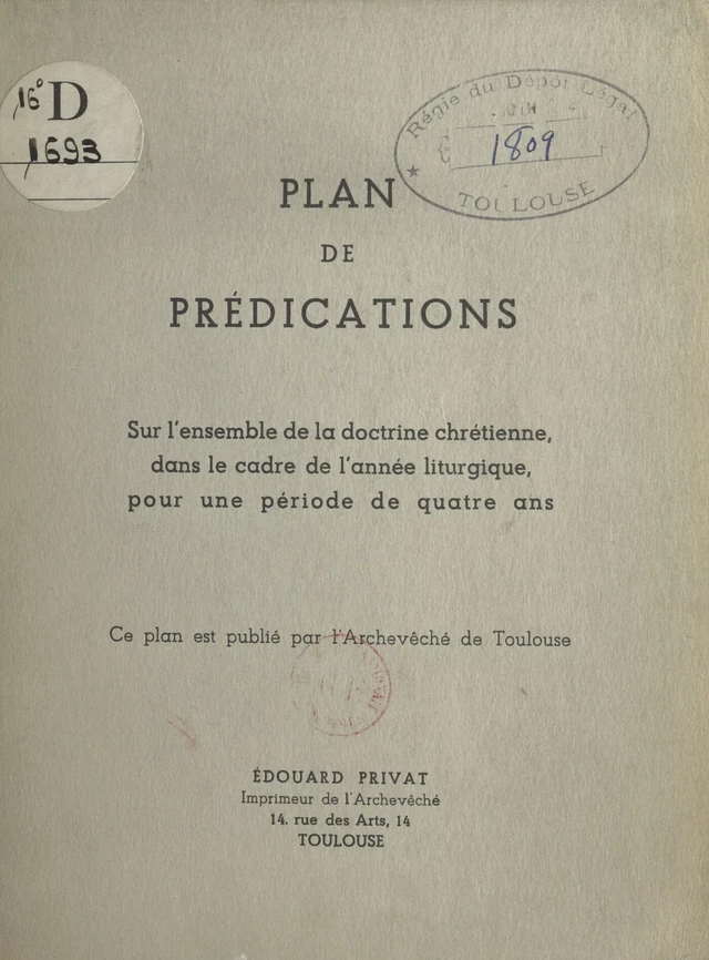 Plan de prédications sur l'ensemble de la doctrine chrétienne -  Archevêché de Toulouse - FeniXX réédition numérique