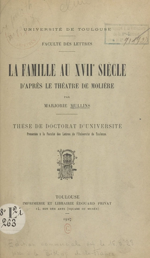 La famille au XVIIe siècle d'après le théâtre de Molière - Marjorie Mullins - FeniXX réédition numérique