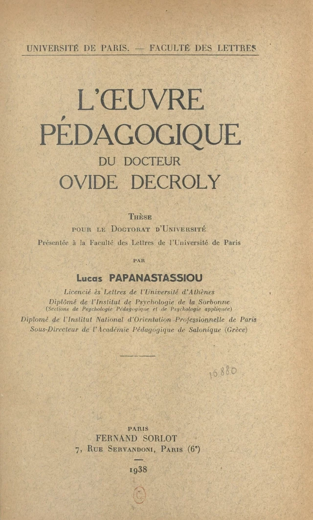 L'œuvre pédagogique du docteur Ovide Decroly - Lucas Papanastassiou - FeniXX réédition numérique