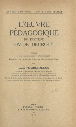 L'œuvre pédagogique du docteur Ovide Decroly