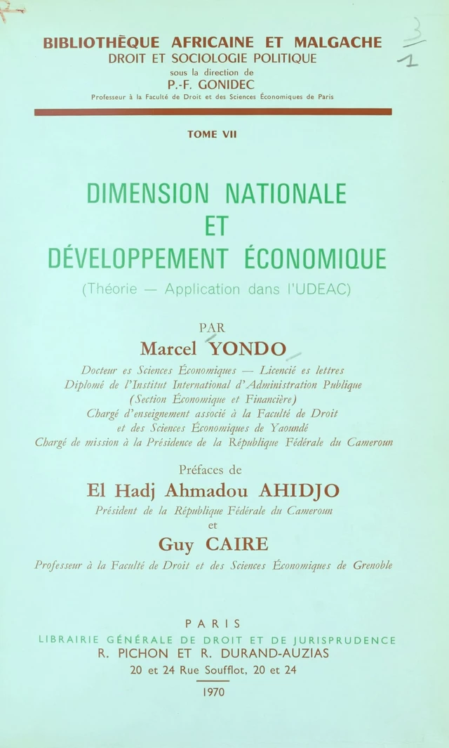 Dimension nationale et développement économique - Marcel Yondo - FeniXX réédition numérique