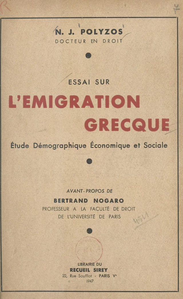 Essai sur l'émigration grecque - Nicos J. Polyzos - FeniXX réédition numérique