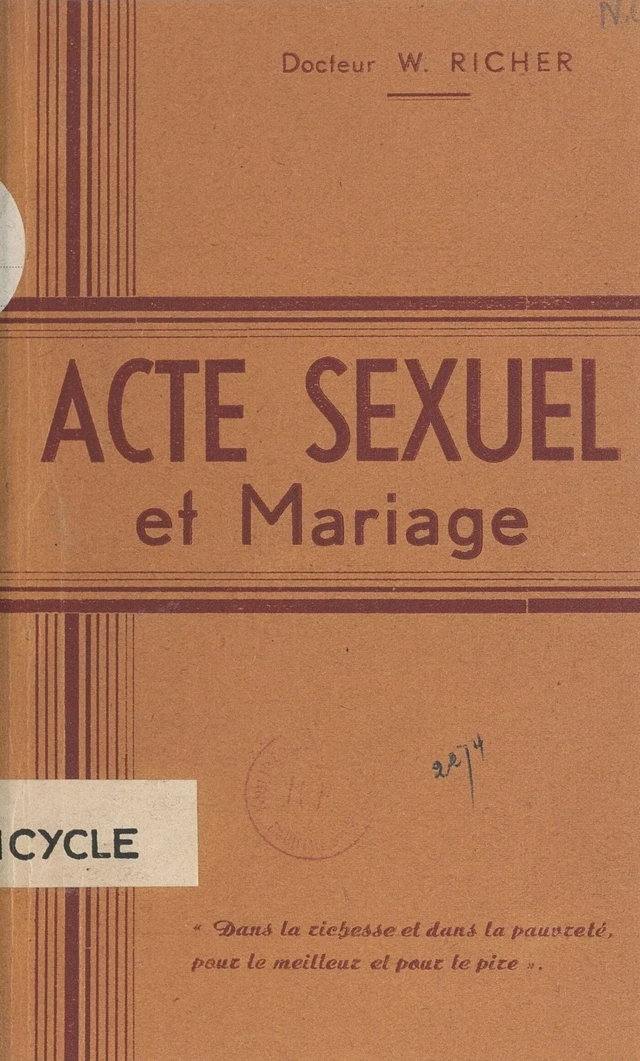 Acte sexuel et mariage - W. Richer - FeniXX réédition numérique