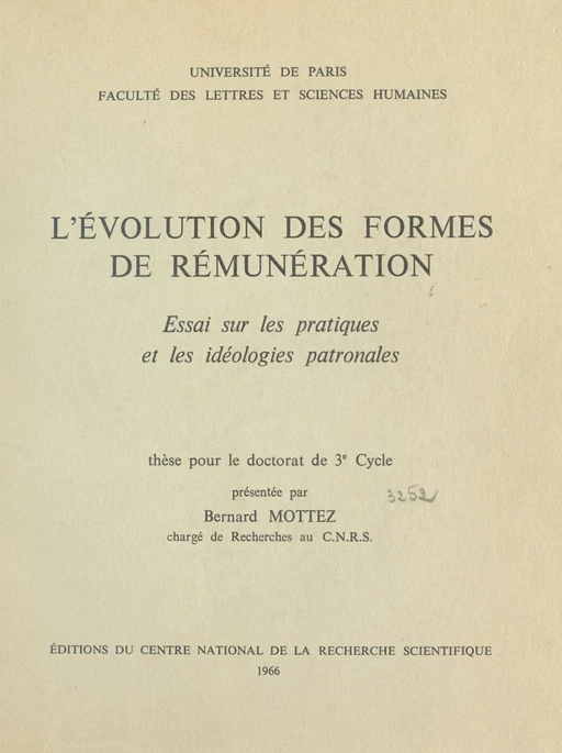 L'évolution des formes de rémunérations - Bernard Mottez - FeniXX réédition numérique