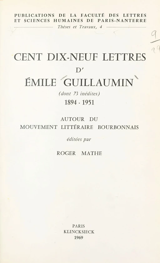 Cent dix-neuf lettres d'Émile Guillaumin, dont 73 inédites, 1894-1951 - Roger Mathé - FeniXX réédition numérique