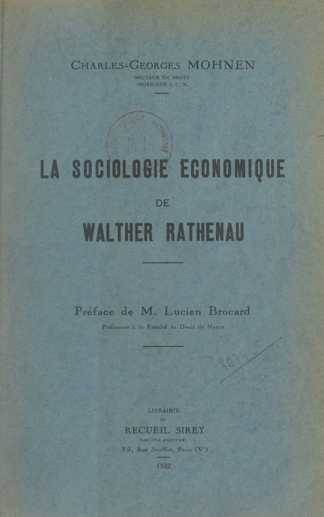 La sociologie économique de Walther Rathenau - Charles-Georges Mohnen - FeniXX réédition numérique