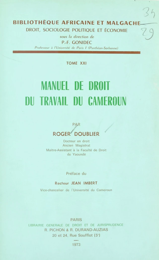 Manuel de droit du travail du Cameroun - Roger Doublier - FeniXX réédition numérique