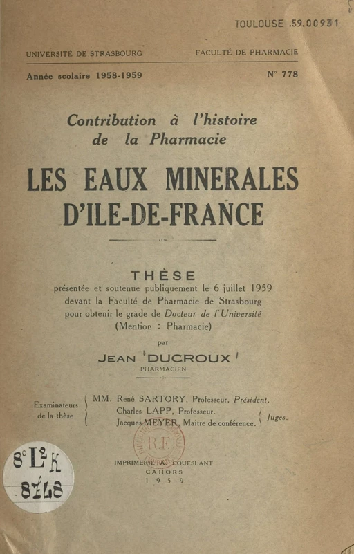 Les eaux minérales d'Île-de-France - Jean Ducroux - FeniXX réédition numérique