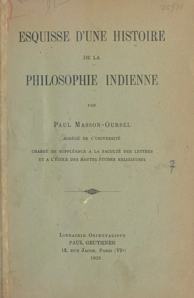 Esquisse d'une histoire de la philosophie indienne - Paul Masson-Oursel - FeniXX réédition numérique