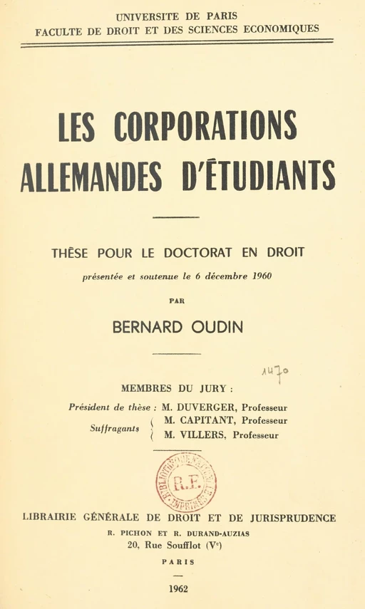 Les corporations allemandes d'étudiants - Bernard Oudin - FeniXX réédition numérique