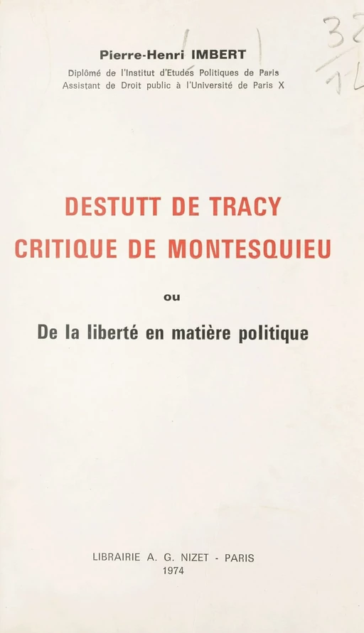 Destutt de Tracy, critique de Montesquieu - Pierre-Henri Imbert - FeniXX réédition numérique