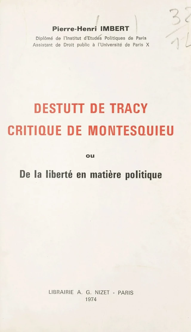 Destutt de Tracy, critique de Montesquieu - Pierre-Henri Imbert - FeniXX réédition numérique