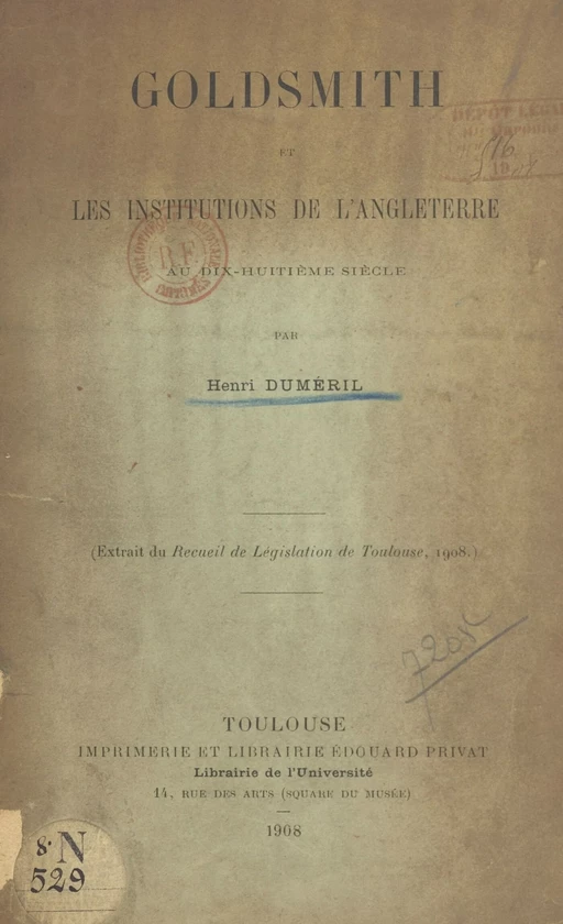 Goldsmith et les institutions de l'Angleterre au dix-huitième siècle - Henri Duméril - FeniXX réédition numérique