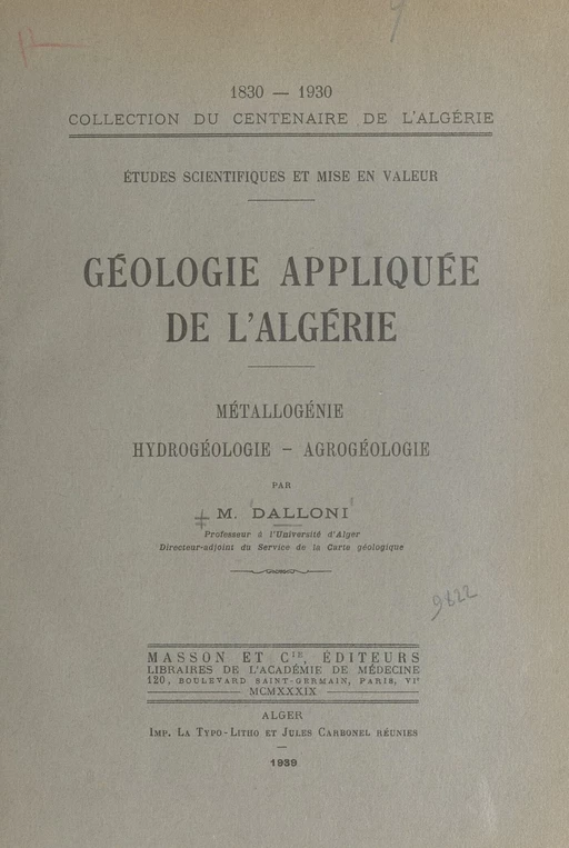 Géologie appliquée de l'Algérie - M. Dalloni - FeniXX réédition numérique