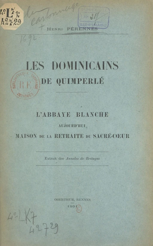 Les Dominicains de Quimperlé - Henri Pérennès - FeniXX réédition numérique