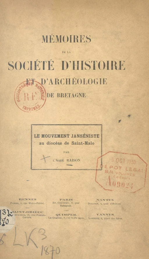 Mémoires de la Société d'Histoire et d'Archéologie de Bretagne - L. Raison - FeniXX réédition numérique