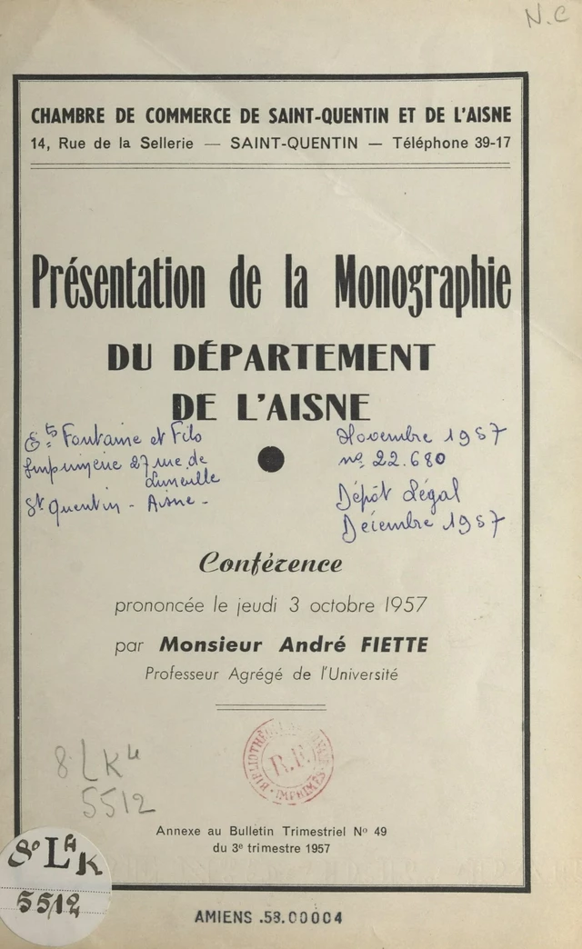 Présentation de la monographie du département de l'Aisne - André Fiette - FeniXX réédition numérique