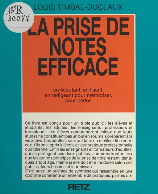 La prise de notes efficace - Louis Timbal-Duclaux - FeniXX réédition numérique