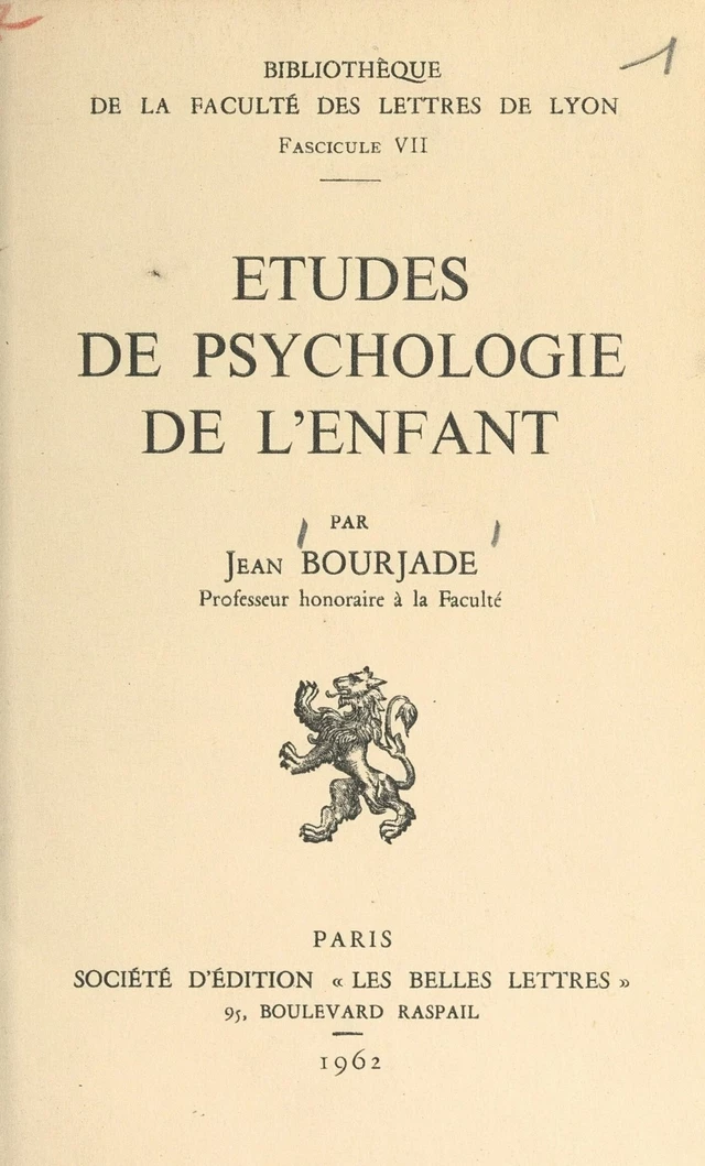 Études de psychologie de l'enfant - Jean Bourjade - FeniXX réédition numérique