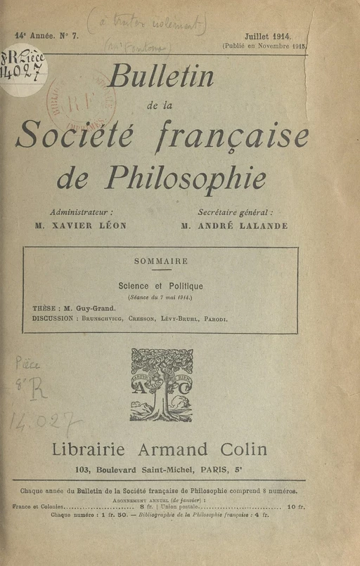 Science et politique - Georges Guy-Grand,  Brunschvieg,  Cresson - FeniXX réédition numérique