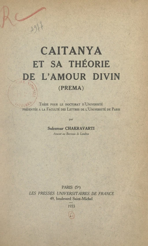 Caitanya et sa théorie de l'amour divin (Prema) - Sukumar Chakravarti - FeniXX réédition numérique